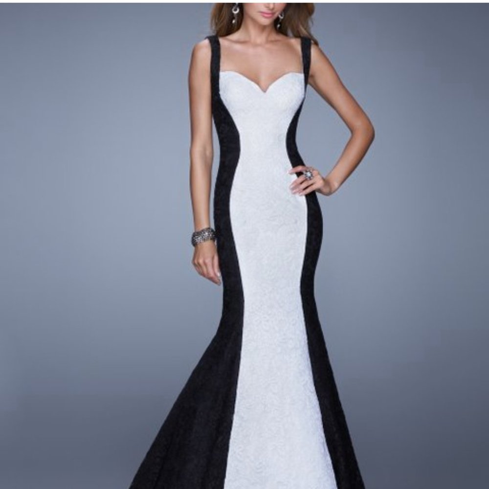 La Femme Black and White Mermaid Prom Dress